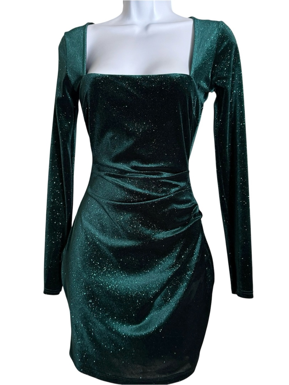 NWT Windsor Dark Emerald Green Glitter Ruched Mini Dress Long Sleeve XS